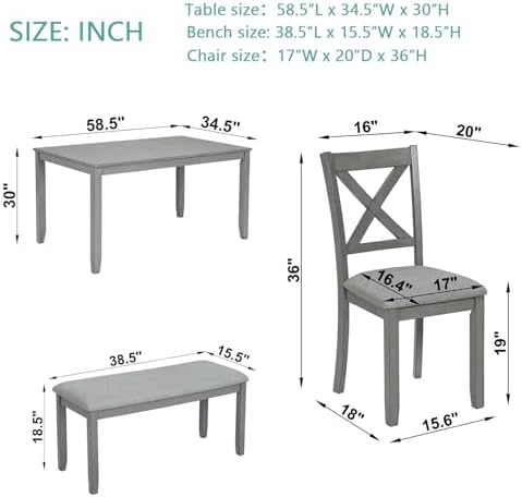 Merax 6-Piece Solid Wood Dining Table Set, Wooden Legs, Gray - Image 2