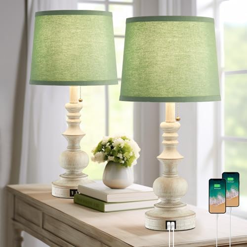 Drawealth 22'' Farmhouse Lamps for Bedrooms Set of 2 Bedside Lamps for Nightstand with USB Charging Ports Traditional Boho Table Lamps for Living Room Study Room,Green Shade,Bulbs Not Included by Drawealth