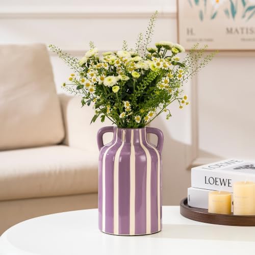 Ceramic Flower Vase with Handles, Modern Purple Striped Decorative Vase for Home Decor, 9.1" Art Floral Tall Flower Vases for Living Room & Kitchen, Mantel & Bookshelf, Centerpieces, Entryway - Image 5