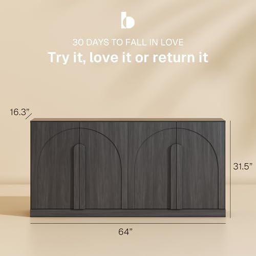 BELLEZE Set of 2 Bijou 64" Modern Buffet Sideboard, Mid-Century Arch Carved Wood Door Cabinet, Textured Storage Console for Living Room, Kitchen, Entryway - Ebony - Image 2