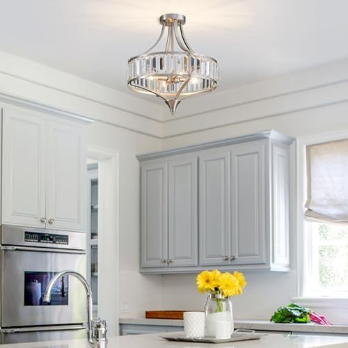Brushed Nickel 4-Light Crystal Semi Flush Mount Ceiling Light Fixture Rustic Farmhouse Ceiling Lighting with Round Metal Shade Chandelier for Dining Room, Hallway, Bedroom, Foyer - Image 2