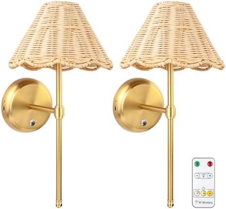 Battery Operated Boho Rattan Wall Sconce Set of 2, Stepless Dimming Magnetic Wall Lamp, 5200mAh Rechargeable Battery and Integrated LED, for Living Room Bedroom Hallway Corridor by FOLUX
