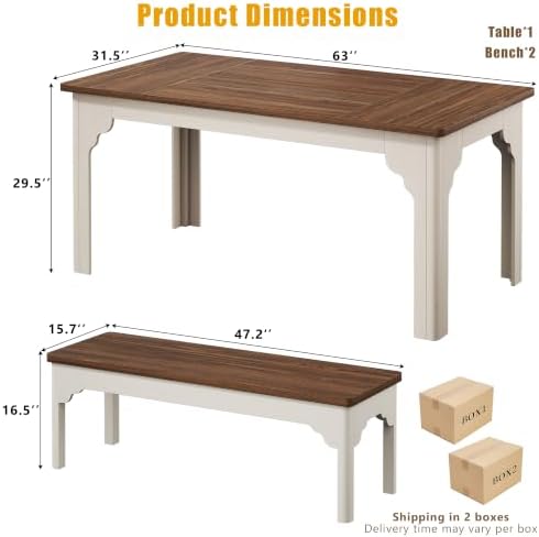 ALEXNUTRE Farmhouse Dining Table with Benches 63" Kitchen Table Set for 4-6 - Image 2