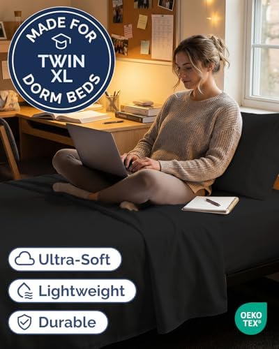 Twin XL 3 Piece Sheet Set - College Dorm Room Essentials - Black - Image 2