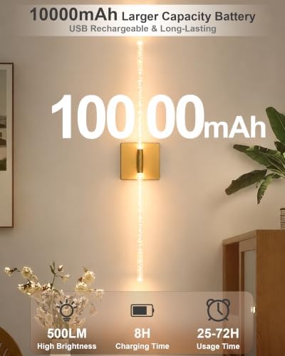 Wall Sconce Set of 2: Gold Rechargeable Wireless Magnetic Install, Crystal - Image 2