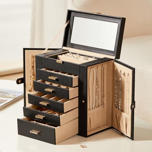 Large Leather Jewelry Box for Women, Mirror, 6 layer, Black by Homruilink
