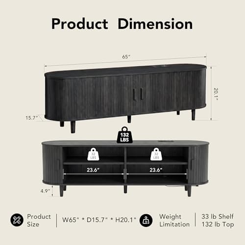 MXV 65" TV Stand with Sliding Doors for Living Room, Mid Century Modern Entertainment Center, TV Console with Fluted Door Cabinets and Power Outlet, Black - Image 5