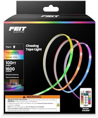 Feit Electric 100ft Chasing & Tunable White LED Tape Light, Dimmable, RGB Colors, Cuttable for Custom Fit, Slim 0.4-Inch Width, Indoor/Outdoor Plug-in Light Strip, Remote Controlled, TAPE1200/CHASE by FeitElectricCompany