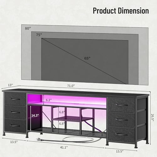 Furologee 71 Inch LED TV Stand, Entertainment Center, Black - Image 3