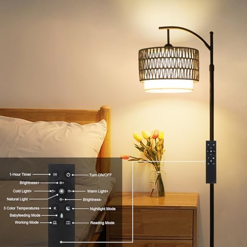 eyassi Floor Lamps for Living Room, Arc Standing Lamp with Remote & Dimmable Bulb, Boho Rattan Floor Lamp for Bedroom with 3 Color Temperatures, Farmhouse Tall Lamp, Height Adjustable Stand up Lamp - Image 6