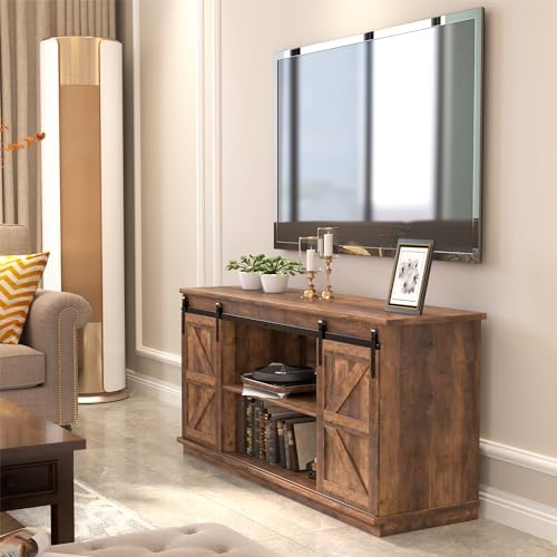 JUMMICO TV Stand for 65 Inch TV, Sliding Barn Doors, Rustic Oak - Image 3