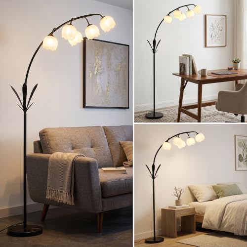 HMVPL Black Floor Lamp for Living Room, Flower Floor Lamp with 5 G9 LED Bulbs, Foot Switch, Arc Standing Lamp with Acrylic Shade,Marble Base, Cute Tall Lamp for Living Room Corner Bedroom Reading Home - Image 7