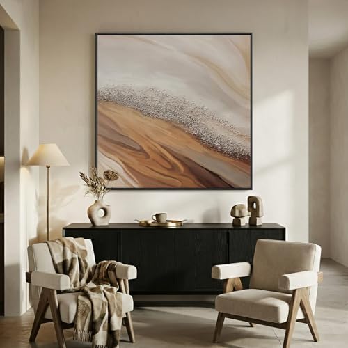 Extra Large Framed Beige Abstract Canvas Wall Art for Living Room, 40x40 In - Image 5