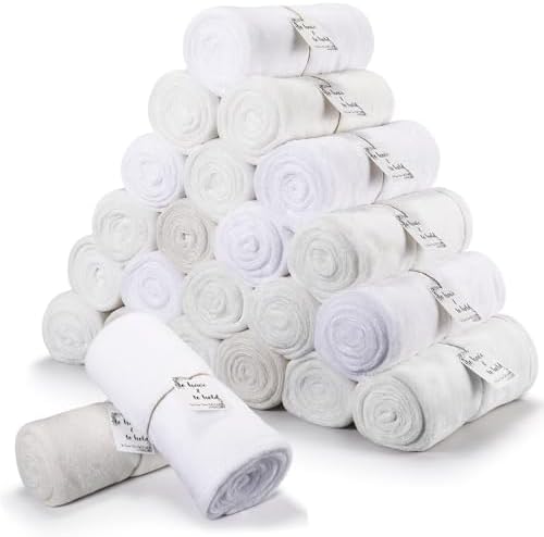 24 Pack Flannel Throw Blankets Bulk 50 x 60 Inch Wedding Fleece Blankets with Thank You Card Soft Blanket for Winter Valentines Guests Sleepover Spa Gifts, 4 Colors (Shades of White) by Windkream