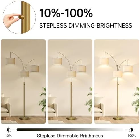 Dimmable Floor Lamp, 3 Lights Brass Arc Floor Lamp, Modern Tall Standing Tree Lamp with Beige Linen Shades & Heavy Base, 3000LM LED Bulbs, Bright Lighting for Living Room, Bedroom, Office & Reading - Image 3