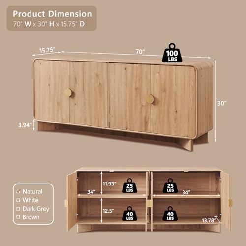 IFGET 70" Modern TV Stand with Storage, Wood Curved TV Console, Natural Oak - Image 2