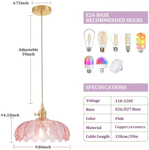 Shenmoyl Pendant Light with Pink Scindapsus Glass Lmapshade, Brass Vintage Pendant Light Adjustable Hanging Light for Kitchen Island Dining Room Hallway - Image 5