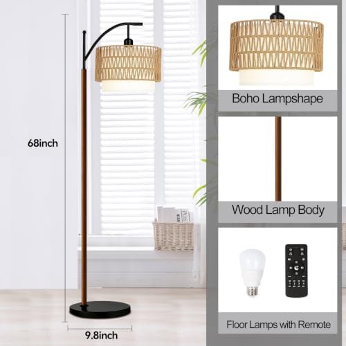 QIYIZM Boho Floor Lamp for Living Room,Bedroom,Rattan Standing Lamp with Remote Dimmable,Wood Vintage Mid Century Modern Black Tall Lamp Wicker Lamp Shade Floor Lights Bohemian Tiffany Style - Image 4