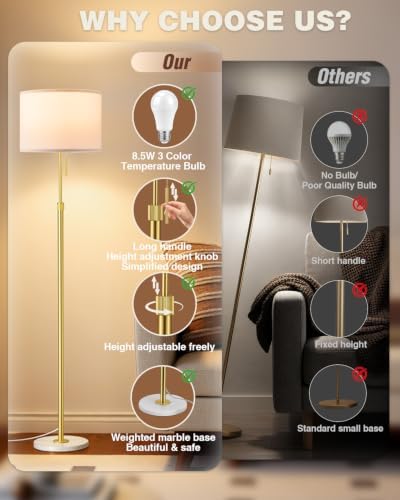 Ambimall Height Adjustable Modern Gold Floor Lamp, Gold & White - Image 5