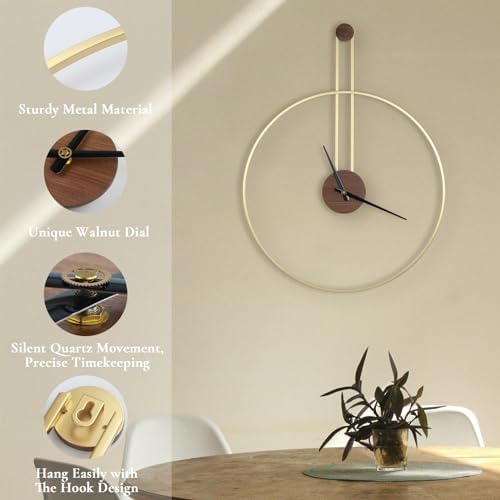 DRELIFAM Modern Wall Clock, Large 21.7''×28.7'', Walnut Dial, Silent Non-Ticking Metal Clock for Home Decor, Gold - Image 5