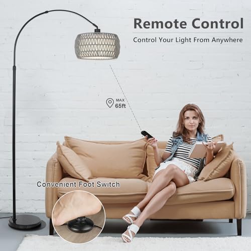 Arc Standing Lamp, Boho Floor Lamps for living room with Remote and LED Dimming Bulb, Rattan Tall Lamp for Bedroom with 3 Color Temperatures, Height Adjustable Farmhouse Stand up Light for Office - Image 5