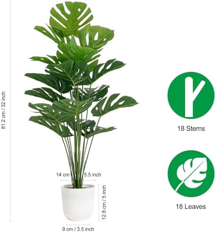 SAJANDAS Set of 2 Artificial Monstera Deliciosa Plants in Pots, Fake Tropical Trees with Greenery Leaves Stems, 32 Inch Faux Swiss Cheese Floor Plants for Home Porch, Garden, Office, Store Decor - Image 4
