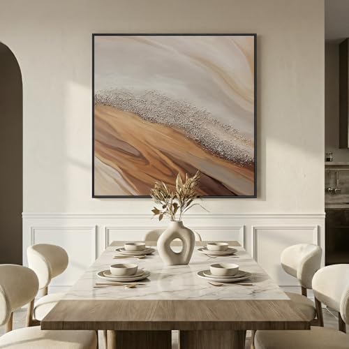 Extra Large Framed Beige Abstract Canvas Wall Art for Living Room, 40x40 In - Image 2