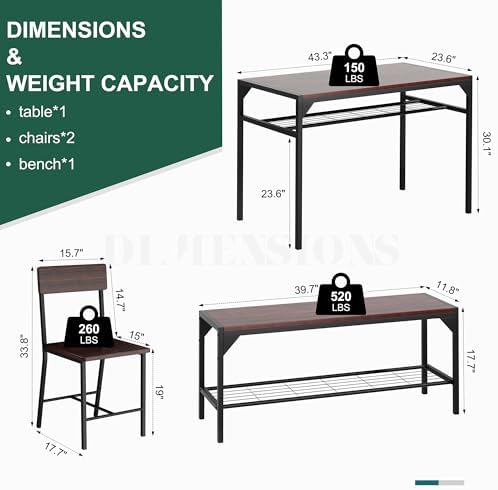 Shintenchi Dining Table Set for 4 with Bench and Chairs, Dark Walnut - Image 3