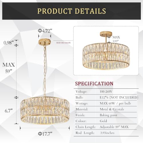 CATINER Gold Crystal Chandelier 18" 6-Light Modern Semi Flush Pendant - Image 2