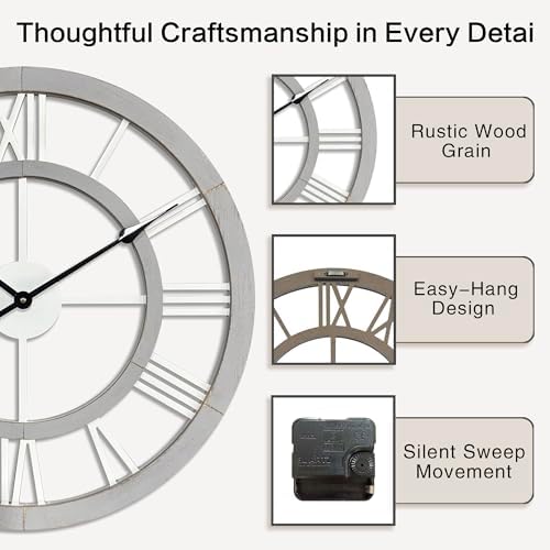 24 Inch Large Rustic Wall Clock Silent Non-Ticking Wooden Wall Clocks with Roman Numerals Farmhouse Decorative Clock for Living Room Bedroom Office (Grey) - Image 4