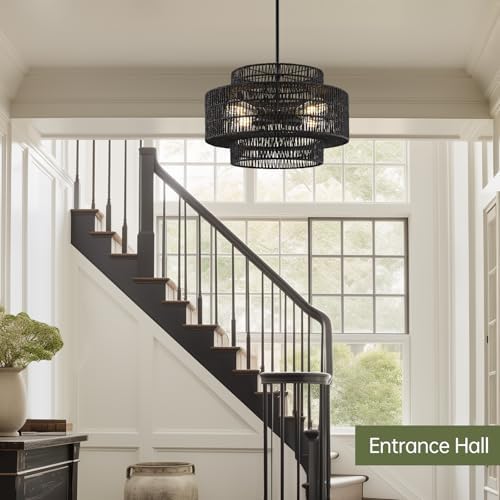 17.7" Black Rattan Chandelier for Dining Room, Boho Pendant Light - Image 6