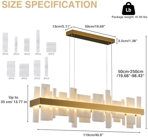 Alabaster Rectangle Chandelier, Natural Spanish Stone Texture Chandeliers, 46.8" Adjustable Alabaster Chandelier Over Table for Dining Room, Bedroom, Island– Modern Luxury Ceiling Lighting - Image 2