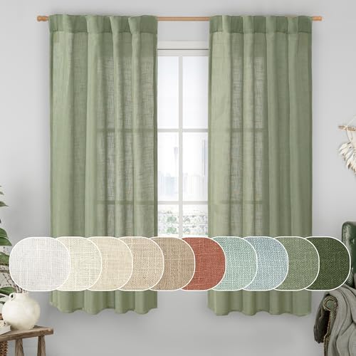 LAMIT Sage Green Linen Semi Sheer Curtains 63 Inch for Bedroom 2 Panels by LAMIT