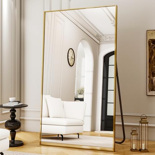 Easly Full Length Mirror with Stand 38"x77" Full Body Mirror Floor Mirror Standing Hanging or Leaning Wall, Wall Mirror with Stand Aluminum Alloy Frame for Living Room Bedroom Cloakroom,Gold - Image 3