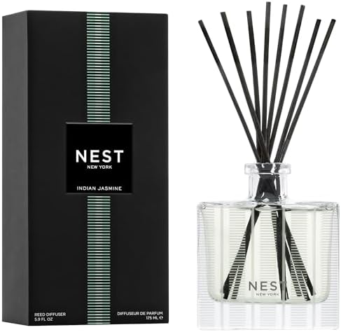 NEST New York Reed Diffuser, Indian Jasmine - 5.9 fl oz - Fragrance for Up to 90 Days - Reusable, Refillable Glass Holder - Includes 8 All-Natural Reed Sticks - Flame Free by Unknown