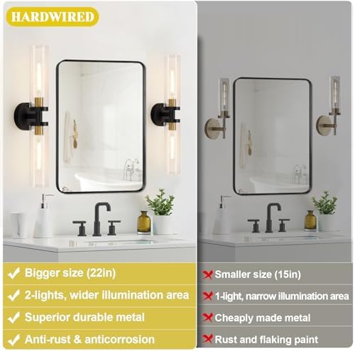 Indoi Hardwired Wall Sconces Set of Two, 22" Black and Gold Bathroom Sconces with Clear Glass, Modern Sconces Wall Decor Set of 2 Wall Light fixtures for Bathroom Mirror Living Room Hallway Bedroom - Image 2