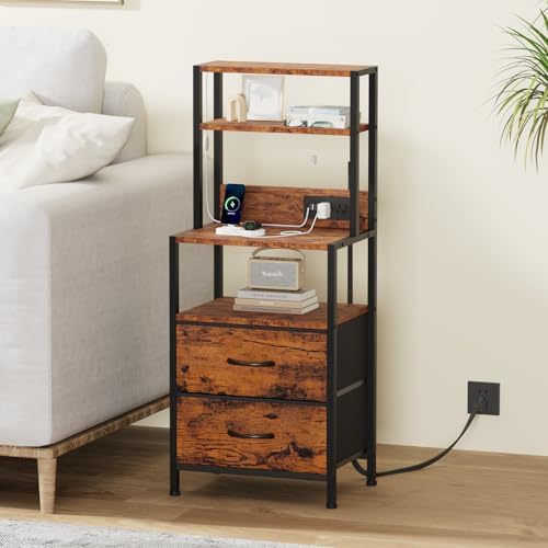 Furnulem Night Stand, Tall Nightstand with 4-Tier Shelves, 2 Fabric Drawers - Image 3