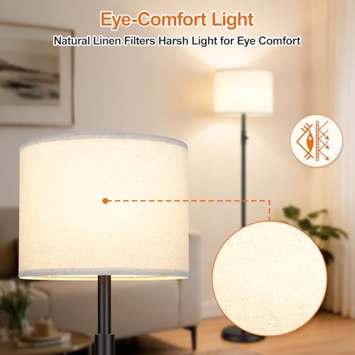 【Upgraded】 Dimmable Floor Lamp for Living Room,1000 Lumens Bulb Included, Modern Floor Lamps Simple Design with Linen Shade, Tall Standing Lamp for Bedroom Office Dining Room, Black Pole Lamp - Image 5
