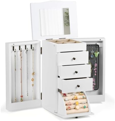 Meangood Jewelry Box Jewelry Organizer, 5-Layer Wooden Jewelry Organizers and Storage Boxes for Women Girls, Ring Earring Bracelet Necklace Holder Organizer with Mirror & Drawers (White) by Meangood