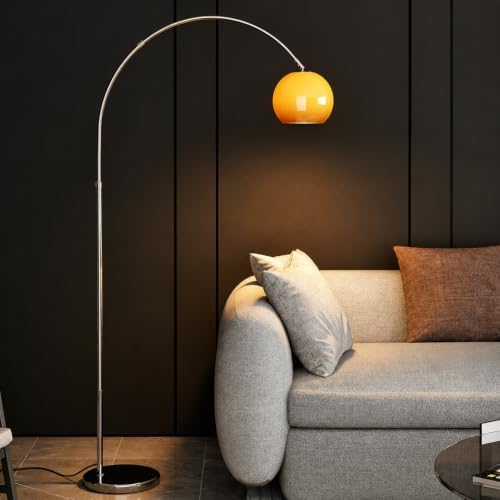 Arc Floor Lamp for Living Room, Orange Glass Shade Standing Lamp, Adjustable Height & Reach Arched Floor Lamp, Iron Tall Lamp with 3 Color Temperature Bulb, Foot Switch for Bedroom Office by DAHGEO