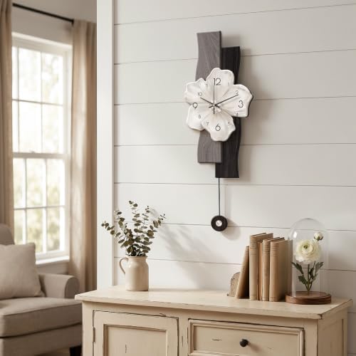 Flower Wall Clocks Battery Operated Decorative with Pendulum 9*24in,Grey - Image 3