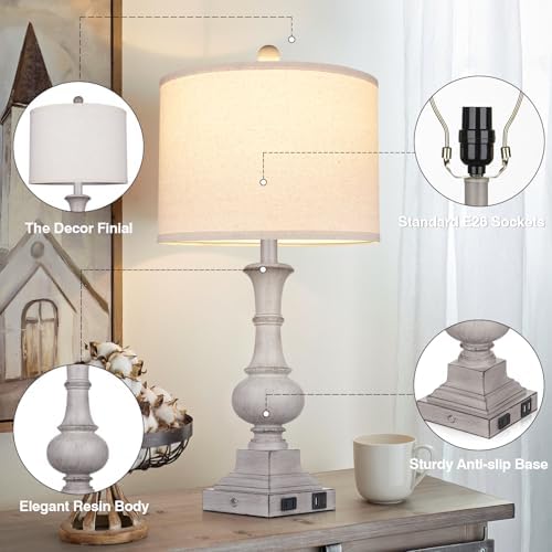 26" Farmhouse Lamp with 2 USB Ports & AC Outlet, Vintage Rustic Touch Control Bedside Lamp, Resin 3-Way Dimmable Nightstand Lamp Fabric Shade for Living Room Bedroom Decor Gray(LED Bulb Included) - Image 2