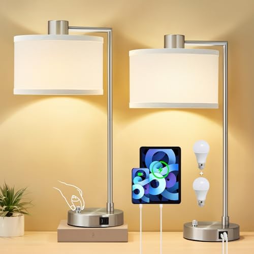 Silver Table Lamp Set of 2, Dimmable Bedside Lamps for Night Stand, USB A+C by Luvkczc