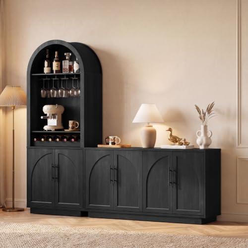 Fatmok Modular Coffee Bar with LED Lighting,Charging Station,Arched Wooden Buffet Sideboard,Modern Liquor&Wine Display Storage Cabinet for Living Room,Black Grey(FA,2-Piece) by Fatmok