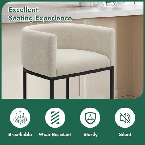 Counter Height Bar Stools Set of 2, 24 Inch Seat Height Barstools for Dining Room, Fabric Upholstered Bar Chair for Kitchen Island, Linen Counter Stools with Metal Legs, Beige - Image 5