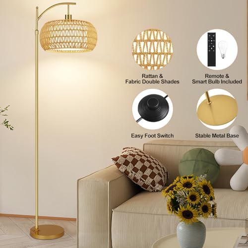 ZECOXOL Gold Floor Lamps for Living Room Rattan Boho Floor Lamp with Remote Control & 3 Color Temperature,Dimmable Arc Floor Lamps Brass Standing Lamp Tall Floor Lamp for Bedroom Living Room Corner - Image 5