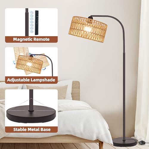 Brilvibera Boho Floor Lamp with Dimmable Bulb Rattan Double Shade Lamp - Image 4