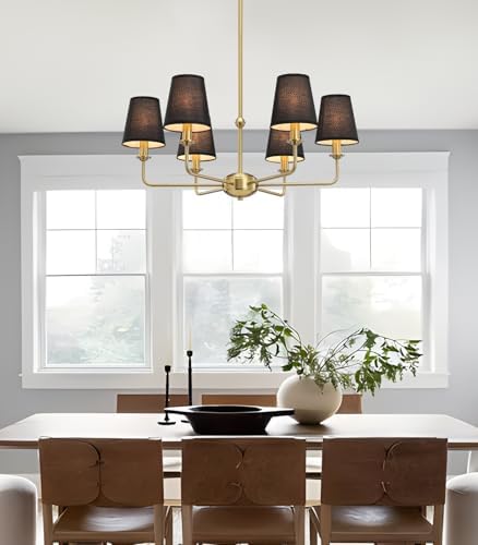 6-Light Brushed Gold Chandelier with Black Fabric Shades, Modern Brushed Brass Chandelier Light Fixture, E12 Base Hanging Pendant Light for Dining Room Living Room Bedroom Kitchen Island Foyer - Image 2