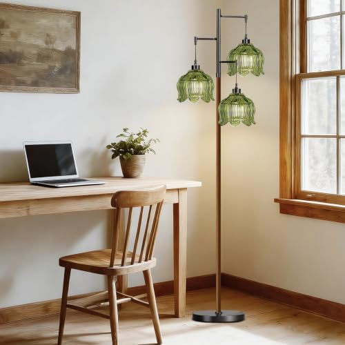 QIYIZM Glass Floor Lamp for Living Room,Bedroom,Stained Green Mid Century Modern Standing Lamp Wood Tree 3 Light Tall Floor Lamps Vintage Retro Black Floor Lights Flower LampShade Boho Bohemian - Image 3