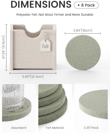 Fluxynara Felt Coasters with Holder, Set of 8 for Drinks, Sage - Image 2